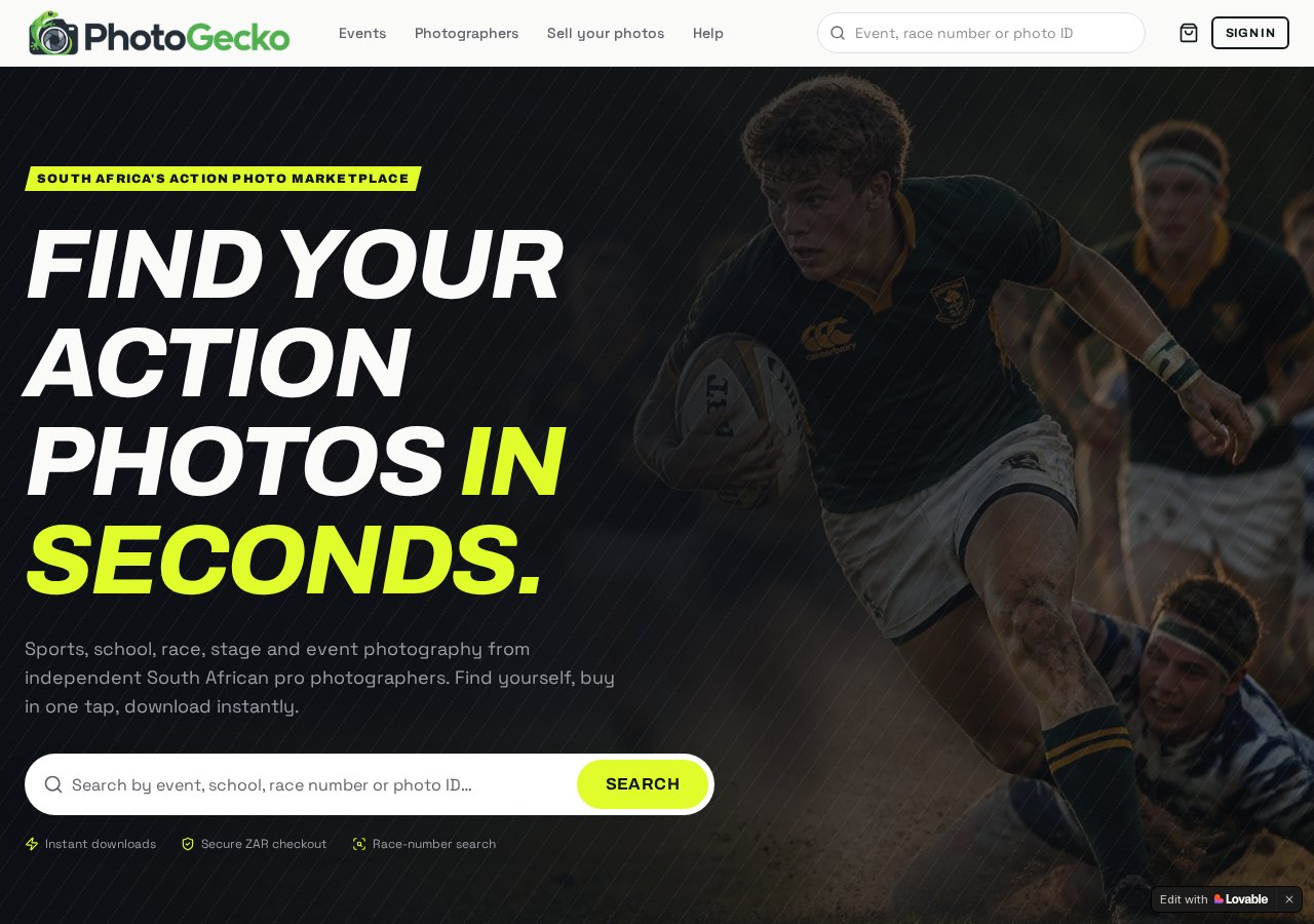 PhotoGecko website — South Africa's action photo marketplace